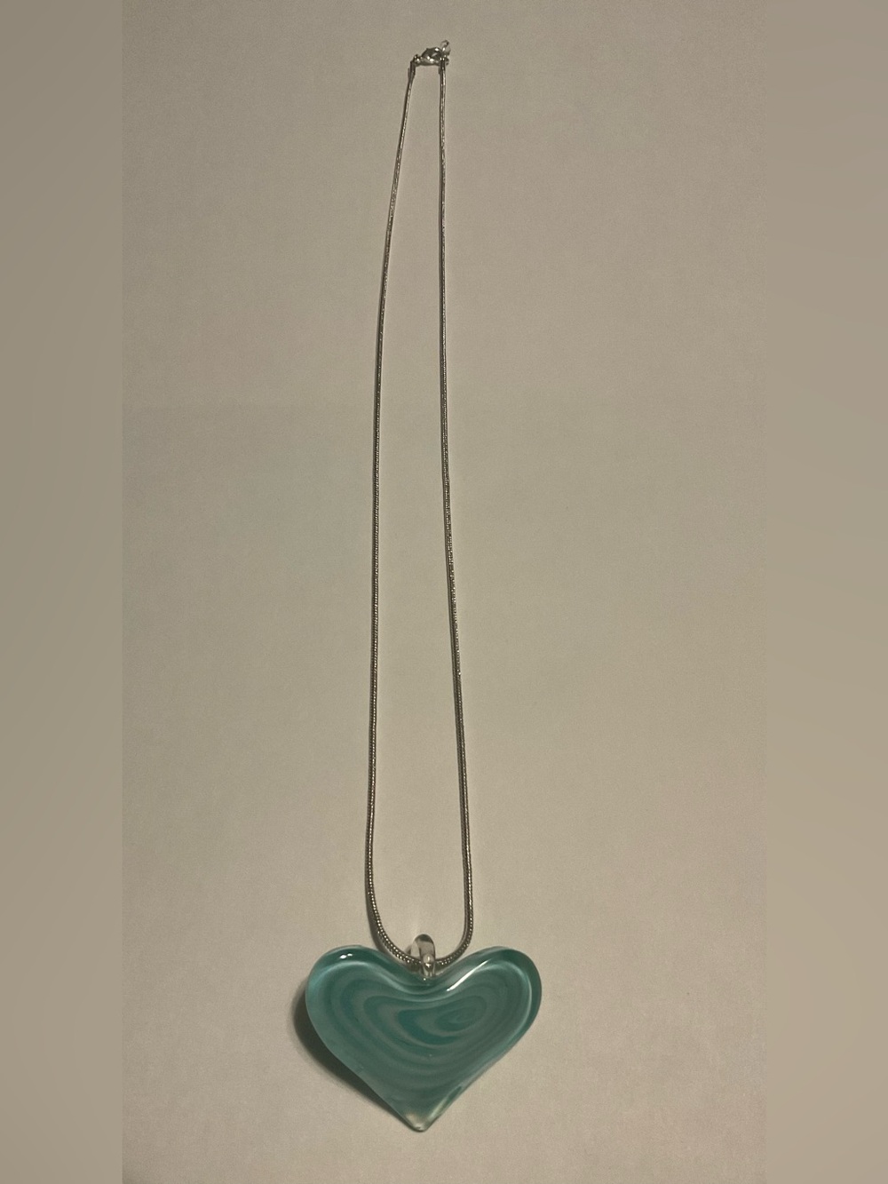 Blue Glass Heart Charm Pendant Snake Chain Necklace 28in Lobster Closure